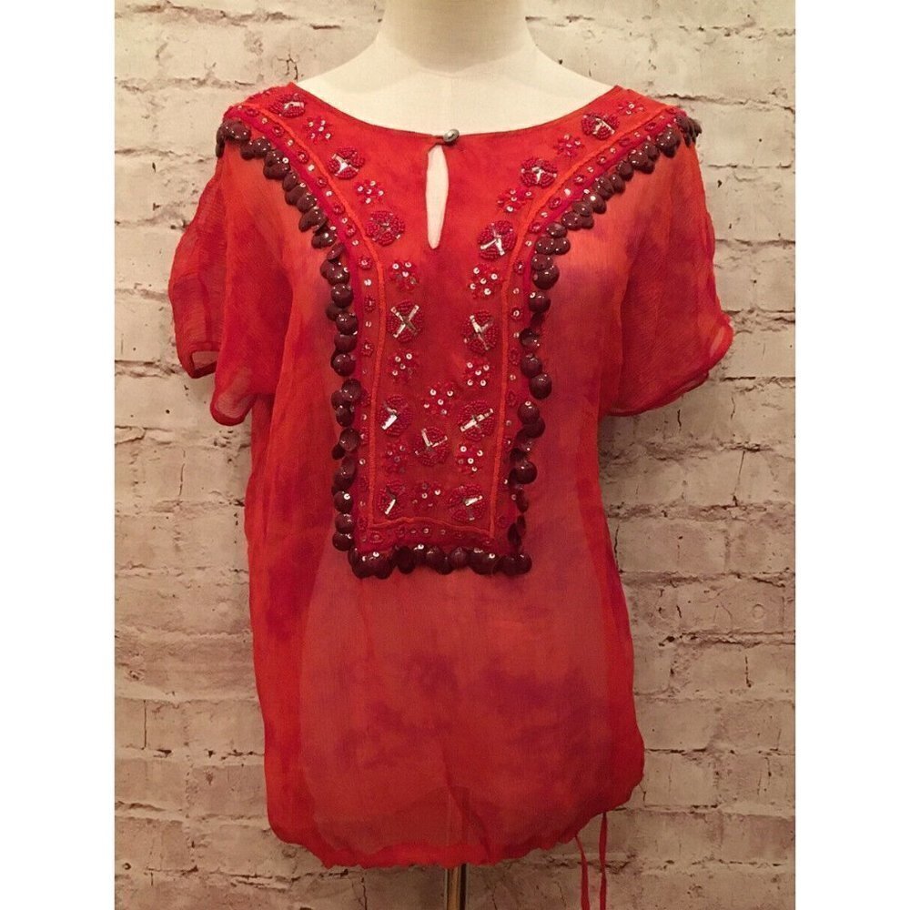 Chico's 0 Short Sleeve Silk Chiffon Top Embellished Cinch Tie Waist Orange